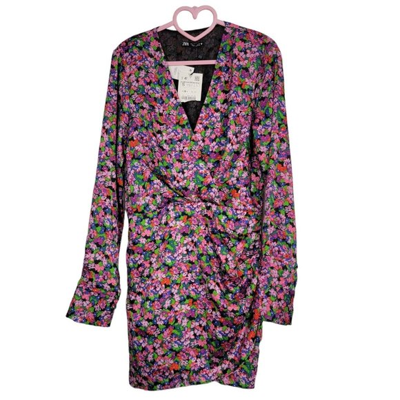 Zara Floral Print Dress Ditsy Multicolor V Neck Wrap Mini Size Small Womens - Picture 3 of 7